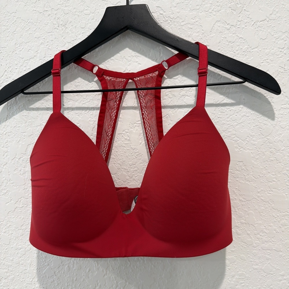 Victoria's Secret Lightly Lined Wireless T-shirt Bra Red Lace Sexy 34DD